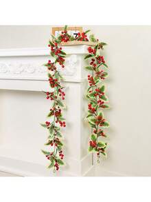 Guirnalda de bayas rojas sin necesidad de electricidad - Hojas de acebo artificial clásicas con bayas, decoración de mesa y pared, decoración navideña festiva sin plumas
