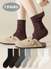 1/6/7 Pairs Cute Lace Trim Women Socks, Soft Comfortable Loose Top Fall Socks For Casual Wear And Daily Home Use,Red Socks - Multicolor - View 1