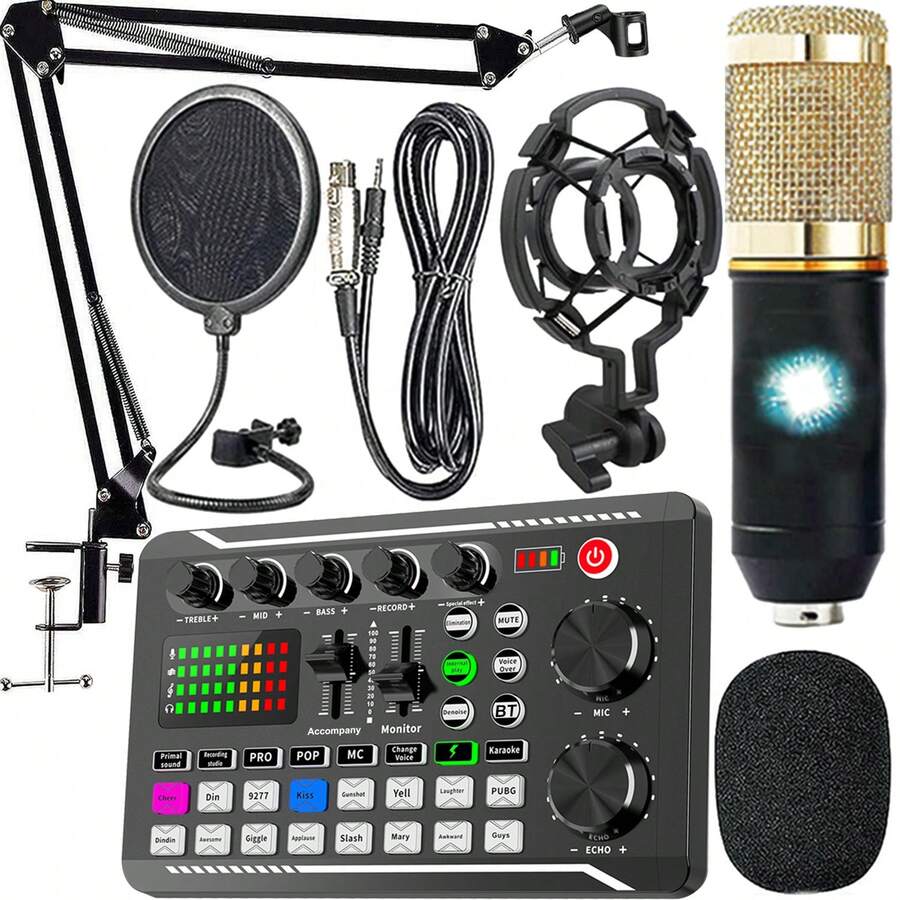 Podcast Equipment Bundle, With Podcast Microphone And V8 Sound Card, Voice Changer - Audio Interface -Perfect For Recording, Singing, Streaming And Gaming