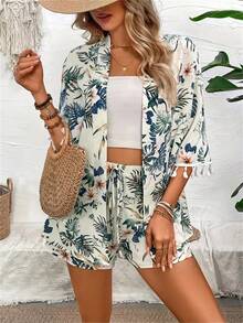 Conjunto Casual con Estampado de Playa Dos Piezas para Mujer, Top y Pantalón Corto, Estilo Chic para Playa y Ocasiones - Blanco - Ver 1