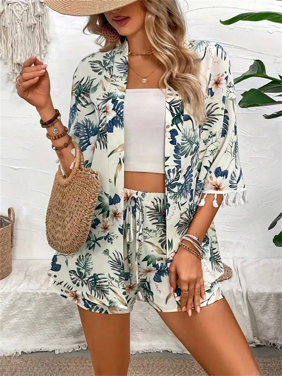Conjunto Casual con Estampado de Playa Dos Piezas para Mujer, Top y Pantalón Corto, Estilo Chic para Playa y Ocasiones - Blanco - Ver 1