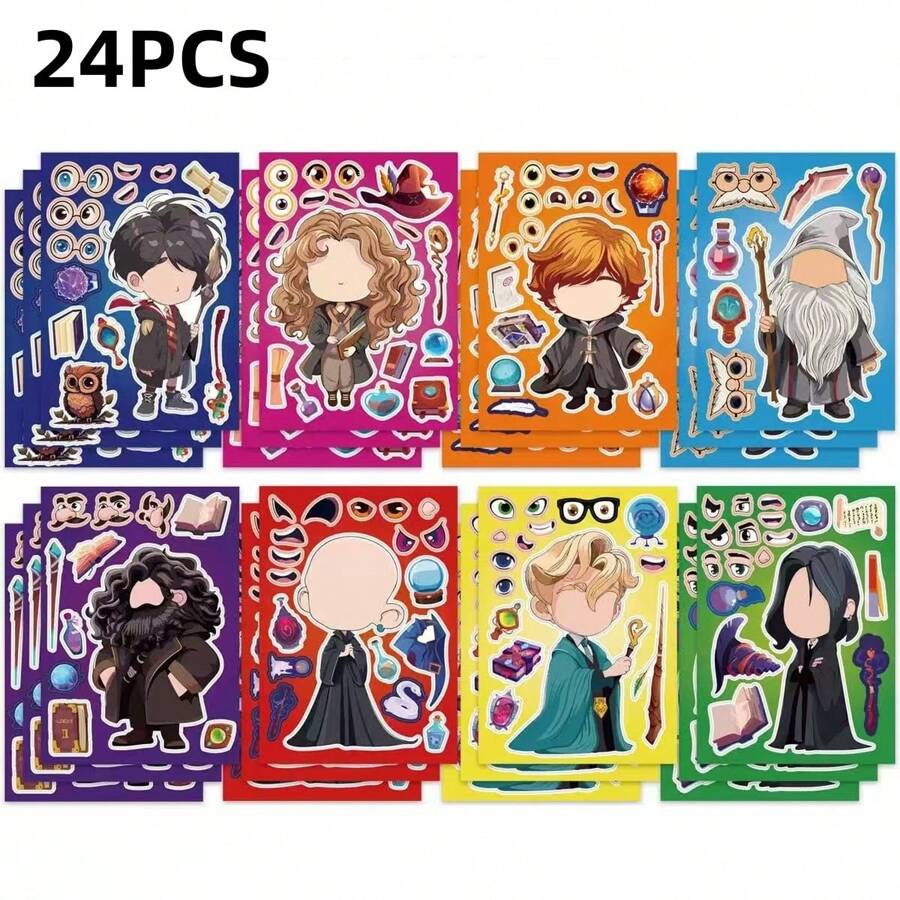 24pcs Wizarding School Theme Puzzle Toys Stickers DIY Handicrafts, Waterproof & Reusable