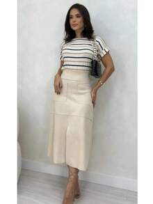 WOMEN'S SUEDE SKIRT WITH ZIPPER AND POCKET. STYLE AND ELEGANCE. - Off - White - View 5
