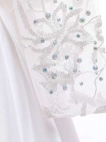 Vestido elegante de niña preadolescente con cuello redondo, bordado floral, strass y malla de satén para dama de honor en boda, fiesta de cumpleaños, sin diadema - Blanco - Ver 8