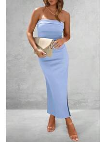 Women's Summer Bodycon Maxi Tube Dress Ribbed Strapless Side Slit Long Going Out Casual Elegant Party DressesHalloween Christmas New Year - 淺藍色 - 查看 4