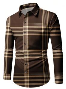 男士时尚不对称条纹格子休闲商务通勤长袖衬衫，男士正装衬衫，男士格子衬衫。适合日常穿着、工作通勤、外出、聚会，可搭配西裤或西装出席派对、婚礼、蜜月等场合。可作为礼物送给儿子、丈夫、男友、父亲。 - 卡其色 - 查看 4