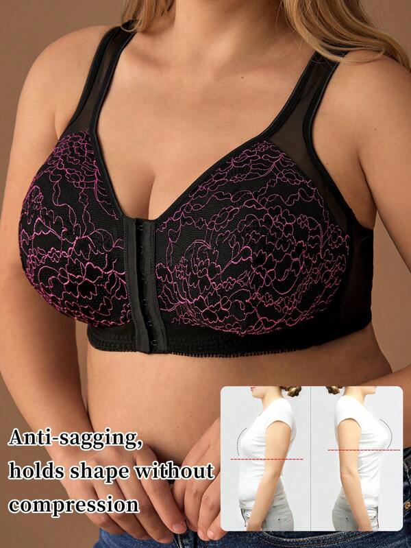 Plus Size Women's Black & Pink Contrast Mesh Patchwork Wide Strap Front Closure Bra