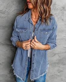 Vetinee Women's Oversized Button Up Frayed Hem Shacket Long Sleeve Pockets Denim Jean Jacket - 千洋之藍 - 查看 2
