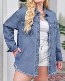 Vetinee Women's Oversized Button Up Frayed Hem Shacket Long Sleeve Pockets Denim Jean Jacket - 千洋之藍 - 查看 7