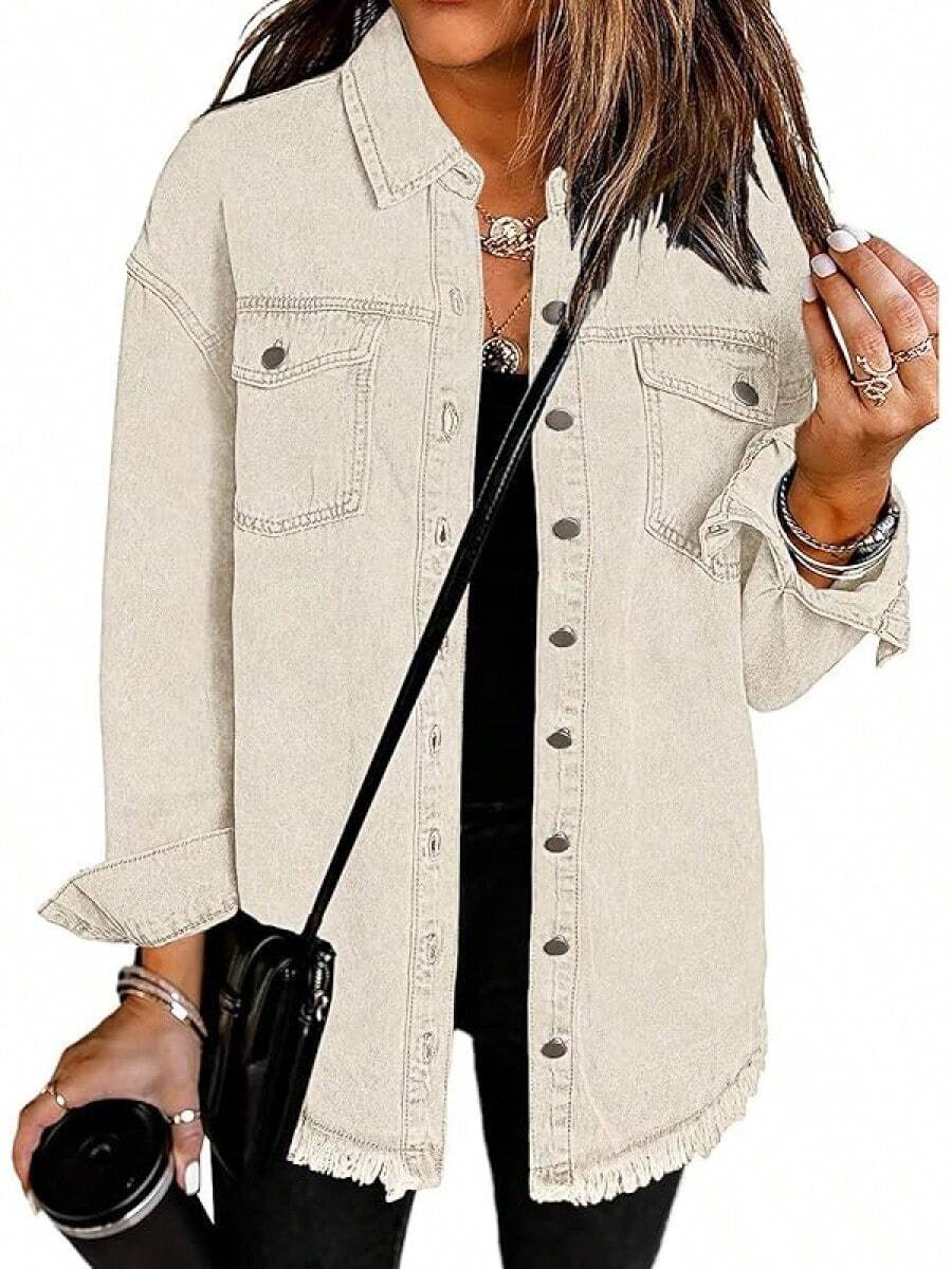 Vetinee Women's Oversized Button Up Frayed Hem Shacket Long Sleeve Pockets Denim Jean Jacket - 奶油捲 - 查看 1