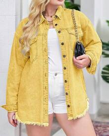 Vetinee Women's Oversized Button Up Frayed Hem Shacket Long Sleeve Pockets Denim Jean Jacket - 金子 - 查看 4