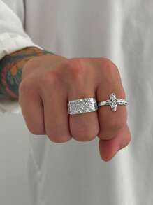 4pcs Men's Luxury Fashion Glitter Geometric Diamond Ring, Vintage Punk Cross Decor Gold Metal Ring Set