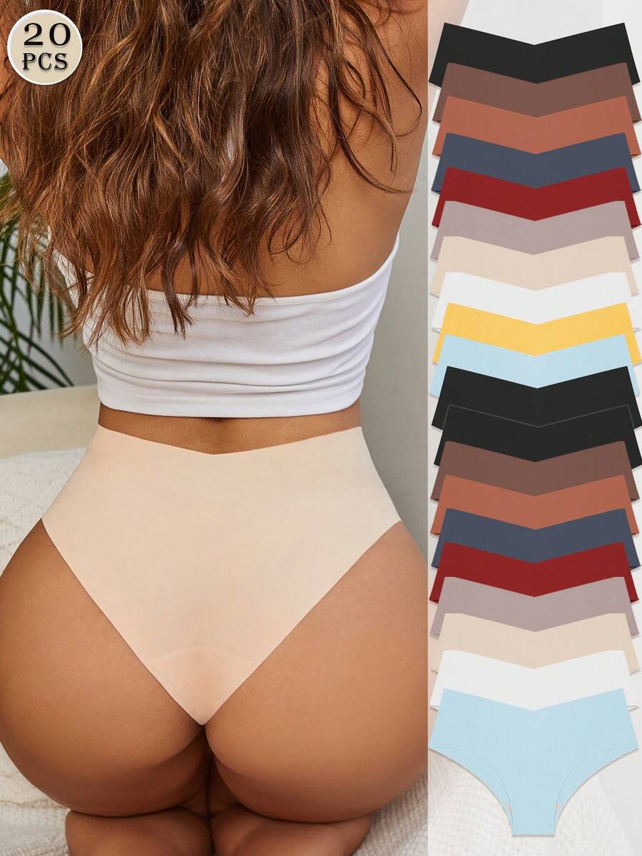 20PCS Solid Color V Waist Casual Comfortable Simple No Trace Ice Silk High Waisted Women'Briefs,Underwear - 彩色 - 查看 1