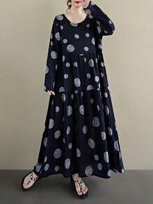 Bluzki, Długa sukienka jesienna, Długa sukienka w groszki, Codzienna sukienka w stylu boho na wakacje, Sukienka damska w rozmiarze plate, Jesienna sukienka plisowana z długim rękawem i okrągłym dekoltem (2025), Jedna sukienka, Losowy wzór