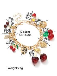 1pc Handmade Cherry Bow Heart Charm Bracelet, Golden Color Chunky Chain, Fashionable Cherry Bracelet Jewelry, Spring/Summer