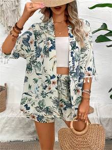 Conjunto Casual con Estampado de Playa Dos Piezas para Mujer, Top y Pantalón Corto, Estilo Chic para Playa y Ocasiones - Blanco - Ver 3