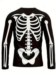 Men'S Fashion 3D Printed Long Sleeve T-Shirt, Casual Knit Polyester Top, Regular Fit, Round Neck, Geometric Skeleton Design, Spring/Autumn Season, Stretch Fabric, Unisex - Multicolor - View 2