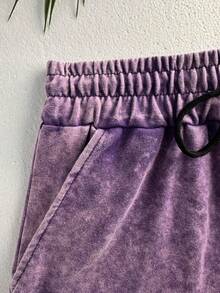 Conjunto de camiseta de manga corta y pantalones cortos de estilo púrpura ajustado, de cuello redondo, lavado, con estampado personalizado de "Letra de cereza leopardo" en estilo callejero coreano vintage chic, adecuado para ocio al aire libre, estilo punk de nicho regular - Morado - Ver 5