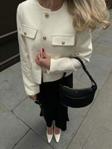 2026 New Cropped Jacket - Tweed Texture, Round Neck, Gold Buttons, Flap Pockets White - White - View 3