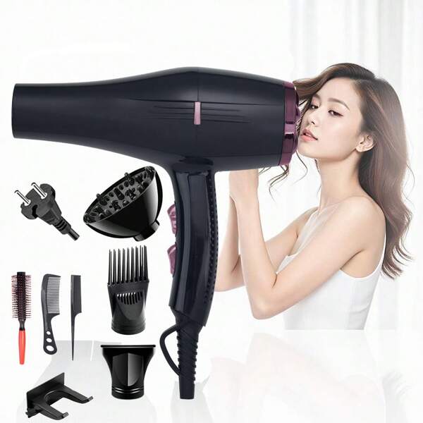 Secador de pelo con iones poderoso con 6 diseños de engranajes, con aire cálido, caliente y frío, 220-240V apto para cabello liso y rizado - perfecto para el hogar, viajes y salones de belleza. Incluye 7 accesorios para el cuidado del cabello para una mejor experiencia