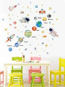 2pcs Wall Decals -[Planet Astronaut Rocket Solar Wall Sticker] PVC Self-Adhesive Removable Wall Stickers For Nursery, Kids' Room, Playroom, Or Classroom – Cute & Creative Wall Decor For Any Space