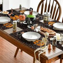 1pc Halloween Table Runner/2pcs Placemats, Polka Dot Ghost Pumpkin Black Cat Design, Reusable Faux Linen Table Runner, Halloween Kitchen Dining Table Decor, Suitable For Home Dining Room, Kitchen, Party Table Decoration