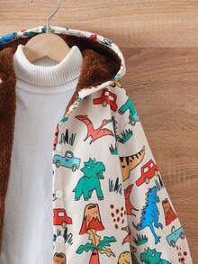 男童秋冬舒适涤纶面料保暖内衬恐龙印花连帽开衫夹克，趣味时尚印花，适合秋冬季，柔软舒适，适合外套、上学、聚会