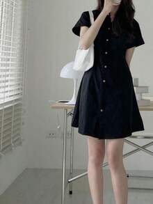 Vestido de hombre pequeño de temperamento estival con falda de camisa de cintura cerrada, solapa de manga corta delgada y sencilla - Negro - Ver 2