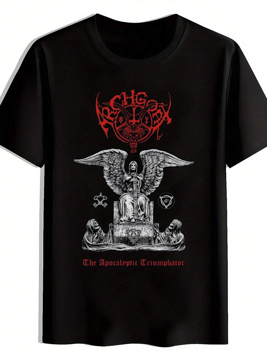 Men's Black Graphic T-Shirt With Red Gothic "Rise Up" Print & Occult Symbolism - Short Sleeve Round Neck Casual Summer Tee, Regular Fit, Machine Washable, Breathable Fabric, Streetwear Fashion, Statement Shirt, Soft Material, Print Top, Men's Fashion - Black - View 1