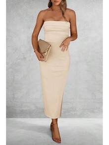 Women's Summer Bodycon Maxi Tube Dress Ribbed Strapless Side Slit Long Going Out Casual Elegant Party DressesHalloween Christmas New Year - 米色 - 查看 7