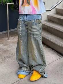 1pc Men's Denim Double Waist Jeans, Fashionable Loose Fit Colorblock Jeans - Blue - View 3