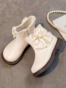 Kids' Leather Ankle Boots - Black, White, Bow & Faux Pearl "Back To School Season""Black Leather Shoes""School Shoes""Young Girls' Shoes""Girls' Shoes"