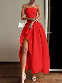 圣诞女士优雅性感红色无肩带长裙 – 不对称高开衩设计，后背系带可调节，是派对、鸡尾酒会、圣诞节、婚礼和约会之夜的理想之选，也是特殊场合、情人节派对和春季派对的完美选择。 - 紅色 - 查看 2