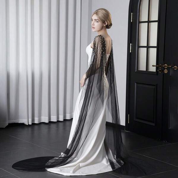 زوج من الكابيليه الحريري الأسود المزين بالخرز الاصطناعي، إكسسوار فستان زفاف طويل مصنوع يدويًا
