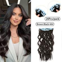 20 piezas Extensiones de cabello con cinta para mujeres, extensiones de cabello sintético Kanekalon de 24 pulgadas, disponibles en dos estilos: cabello ondulado y cabello liso, con tratamiento de rizado previo, elegantes extensiones de cabello ondulado y rizado con cinta, no se destiñen, sin costuras e invisibles para todo tipo de cabello 20 piezas/paquete 70g