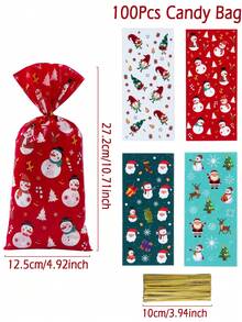 25/50/100pcs Christmas Candy Bag With Golden Ribbon,Santa Claus Snowman Gnome Reindeer Pattern Christmas Gift Bag,Xmas Party Treat Bag,Christmas Party Favor Bag,Christmas Present,Holiday Small Gift,Merry Christmas Packaging Bag,Snack Food Bag,Chocolate Biscuit Baking Bag,Candy Wrapping Bag,Christmas Decoration