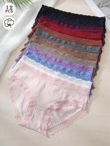 12 Pack Cotton Underwear For Women Lace Cheeky Bikini Panties Full Coverage Soft Stretch Hipster Ladies Briefs S-XL - 彩色 - 查看 6