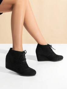 Women's Wedge Boots Casual Fashion Lace Up Low Heel Ankle Booties Shoes - Black - View 2