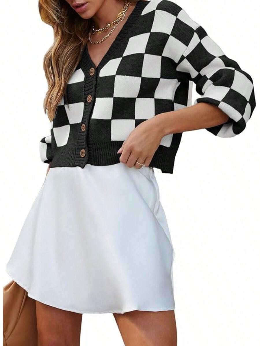 Women's Checkered Button Down Long Sleeve Knit Cropped Cardigan Sweater Tops, Style - Black - View 1
