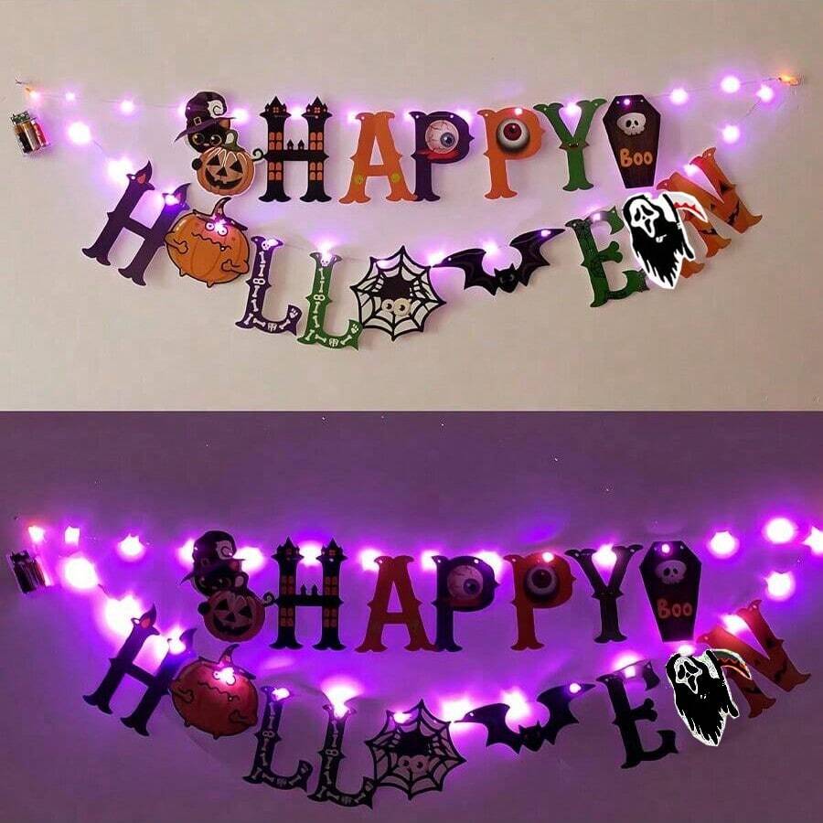 Halloween Decoration String Lights Banner With Hangers, Includes Bats, Pumpkins, Ghosts, For Halloween Party And Outdoor Decoration (Batteries Not Included) - Banner+Light - View 1