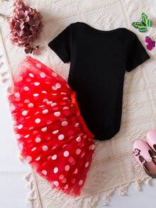 3pcs/Set Baby Girl 1st Birthday Outfit, Letter Print Bodysuit & Tutu Dots Printed Skirt & Hairband, Infant Toddler Party 12-18 Months Dress Suits - 紅色 - 查看 2