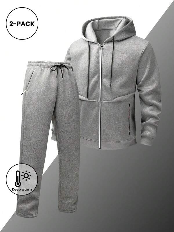 Men's New Autumn/Winter 2 Pieces Set - Solid Color Plain Casual Sports Regular Fit Elastic Waist Drawstring Pants, Perfect For Travel, Vacation, Outdoor Camping