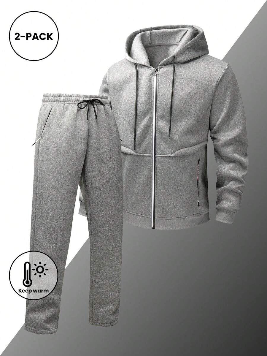 Men's New Autumn/Winter 2 Pieces Set - Solid Color Plain Casual Sports Regular Fit Elastic Waist Drawstring Pants, Perfect For Travel, Vacation, Outdoor Camping