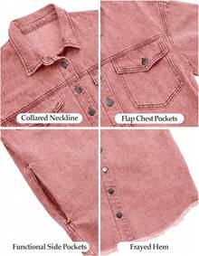 Vetinee Women's Oversized Button Up Frayed Hem Shacket Long Sleeve Pockets Denim Jean Jacket - 燒赭石 - 查看 6