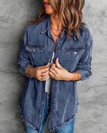 Vetinee Women's Oversized Button Up Frayed Hem Shacket Long Sleeve Pockets Denim Jean Jacket - Bay Blue - 查看 3