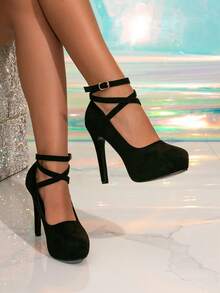 Damen Mode Plateau High Heels für Herbst/Winter, Dicke Sohle Schwarze High Heels, Schuhe geeignet für alle Jahreszeiten, Sexy, Party - Schwarz - Übersicht 1