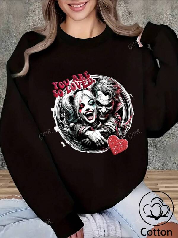 Warner Bros Nouveau style printemps et automne 2025, sweat-shirt à manches longues pour femme, imprimé Joker et Harley Quinn, style décontracté, coupe ample, tissu en coton doux, confortable à porter, adapté à un usage quotidien, saison printemps et automne, design unique, parfait pour les cadeaux