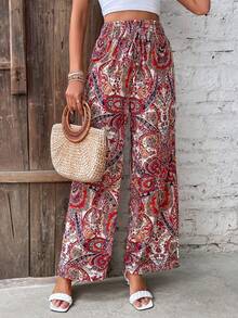 Women's High-Waisted Wide-Leg Pants, Summer Fashion, Versatile, Printed, Elastic, Casual, Suitable For Beach Dates - 紅色 - 查看 2