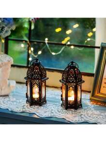 1 件小尺寸黑色摩洛哥风格蜡烛灯笼，小尺寸茶蜡烛台，带透明玻璃面板，非常适合庭院、室内/室外、活动、拉玛、派对和婚礼拉玛礼物生日毕业 E-I-D、生日装饰、卧室装饰