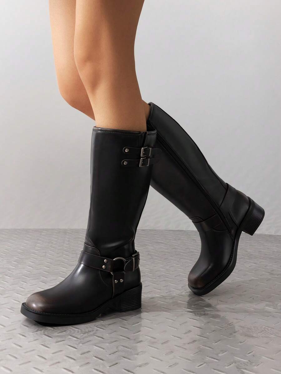 Women's Motorcycle Boots Side Zipper Knee High Boots Square Toe Chunky Low Heel Buckle Decorated Biker Fashion Stylish Riding Boots Festival Dresses For Woman - Rỉ Nâu - Xem 1